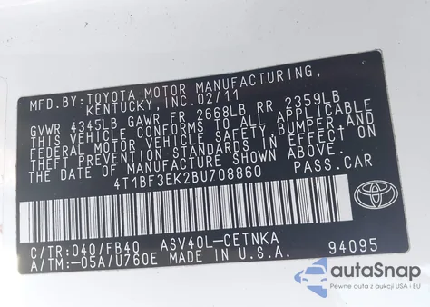 2011 Toyota Camry Le z USA, uszkodzony, nr VIN 4T1BF3EK2BU708860